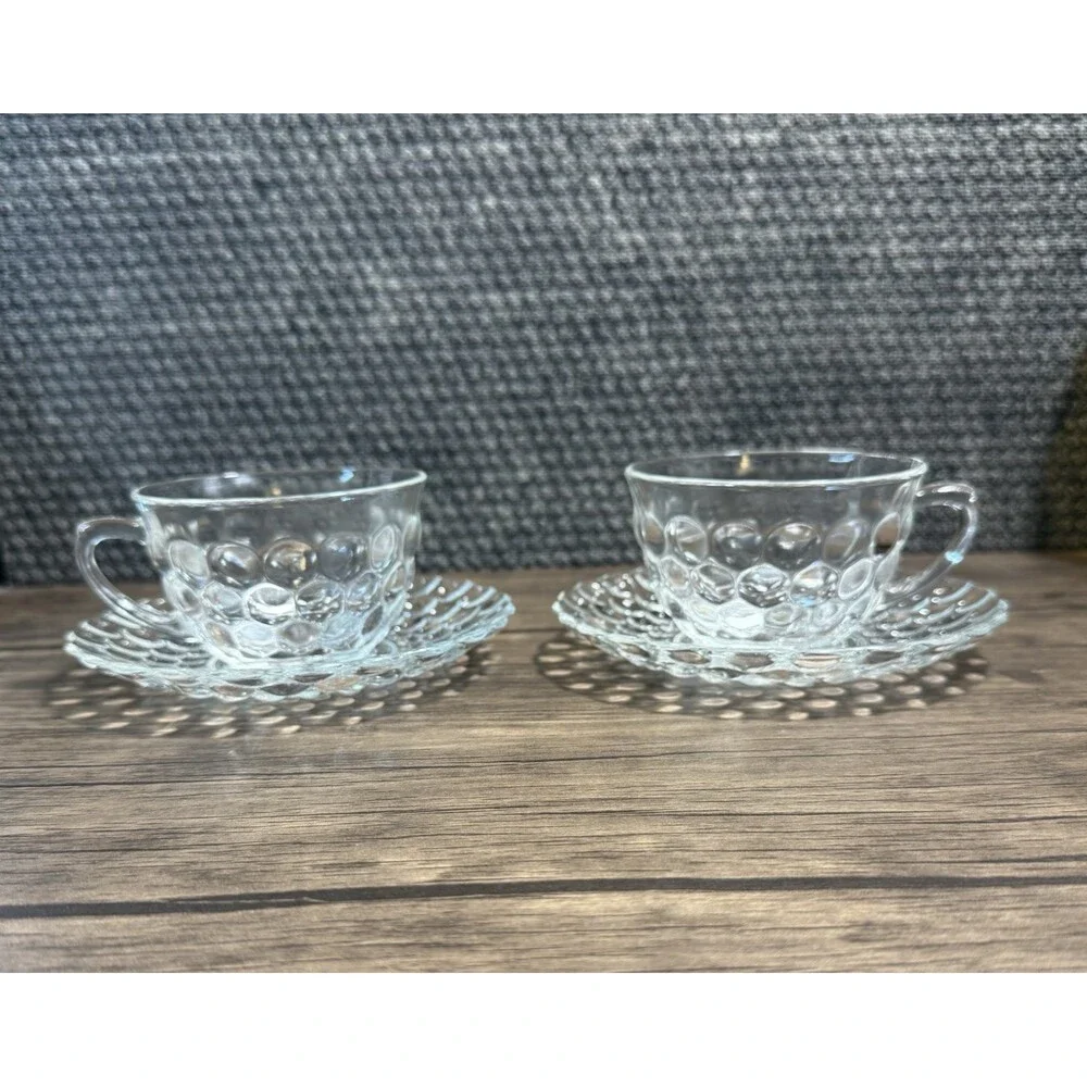 Anchor Hocking Clear Bubble Pattern Glass Cup & Saucer 2 Sets